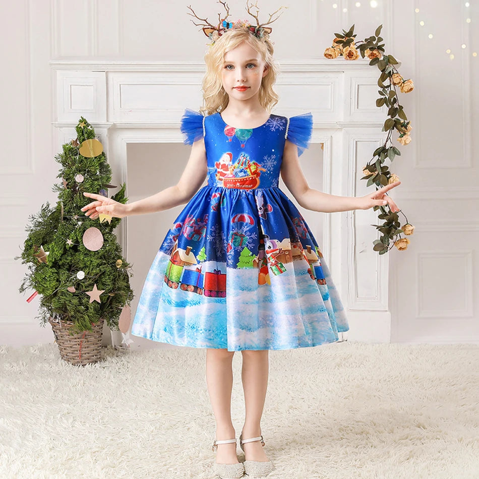 Girls Kids New Year Party Santa Claus Snowman Print Cosplay Costume Xmas Princess Theme Party Dress