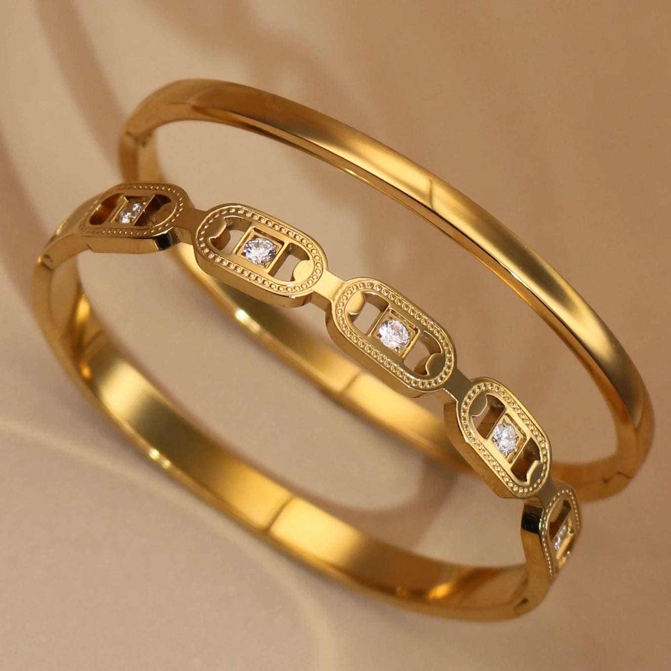 2-in-1 Geometric Zircon Design 18K Gold Plated Stainless Steel Bracelet Bangle