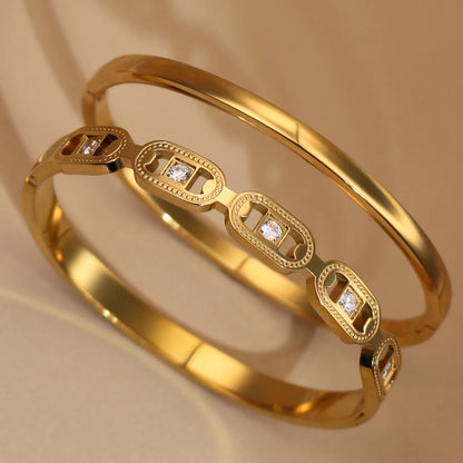 2-in-1 Geometric Zircon Design 18K Gold Plated Stainless Steel Bracelet Bangle
