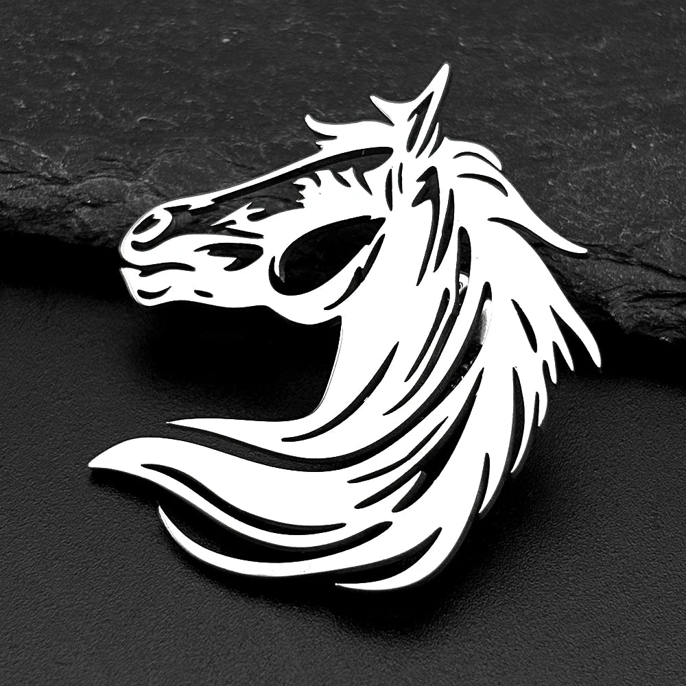 Men Horse Head Brooch Hollow Stainless Steel Gold Color Lapel Brooches Pin