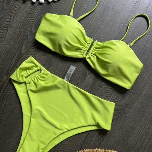 Solid Color Split Bikini Swimsuit 2-Piece U-Shaped Metal Decoration Multi-Color Beach Swimwear Suit