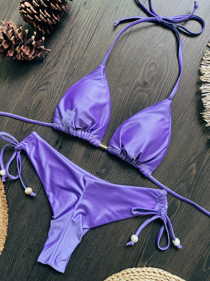 Solid Sexy Halter Triangle Bead String Bikini Mini Micro Thong Swimsuit Brazilian Set