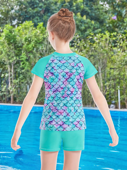 2pcs Kids Girls Mermaid Scale Print Short Sleeve Rash Guard Tops Boyleg Shorts Swimwear Suit