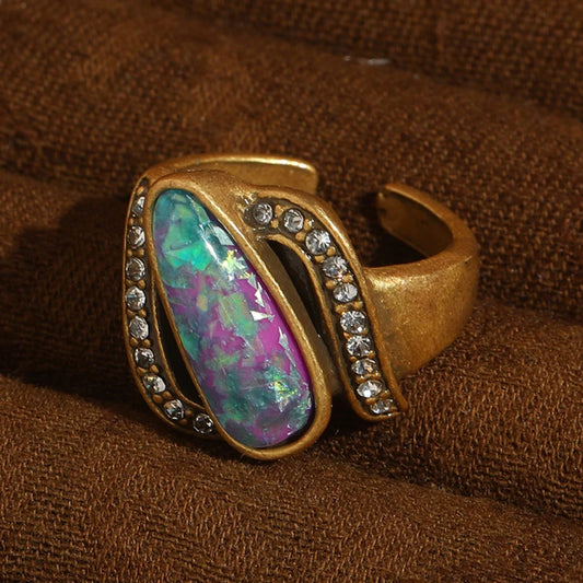 Vintage Opal Real Purple Irregular Ab Rhinestone Antique Gold Color Designers Ring