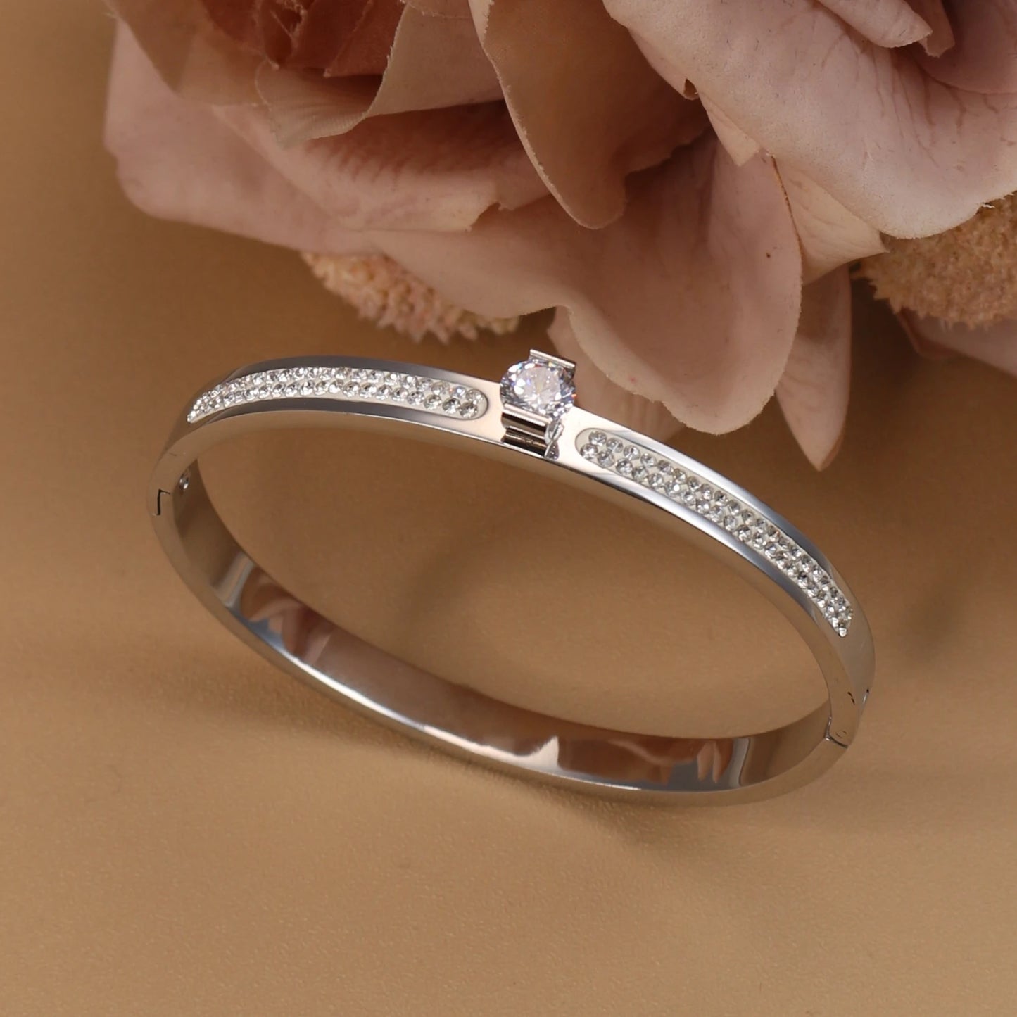 Women Beautiful Stainless Steel 18k Gold Color Bangle Crystal Design Charm Bracelet