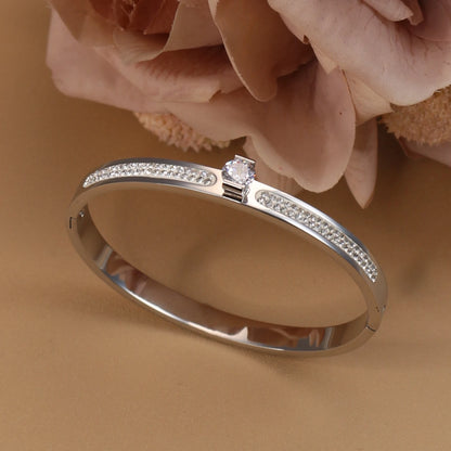 Women Beautiful Stainless Steel 18k Gold Color Bangle Crystal Design Charm Bracelet