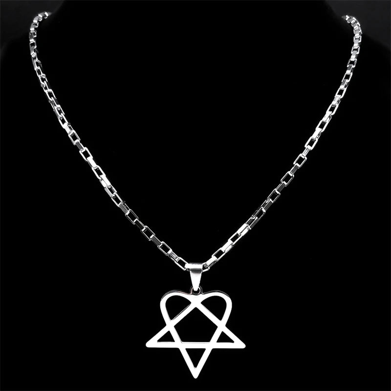 Women Men Stainless Steel Y2k Black Metal Band Goth Punk Hip Hop Rock Music Heartagram Star Heart Necklace
