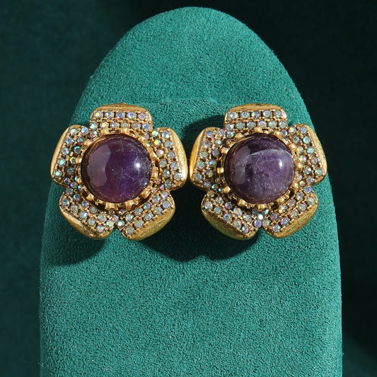 Vintage Stud Floral Women Purple Glass Flower Rhinestones Gold Color Antique Brand Earrings