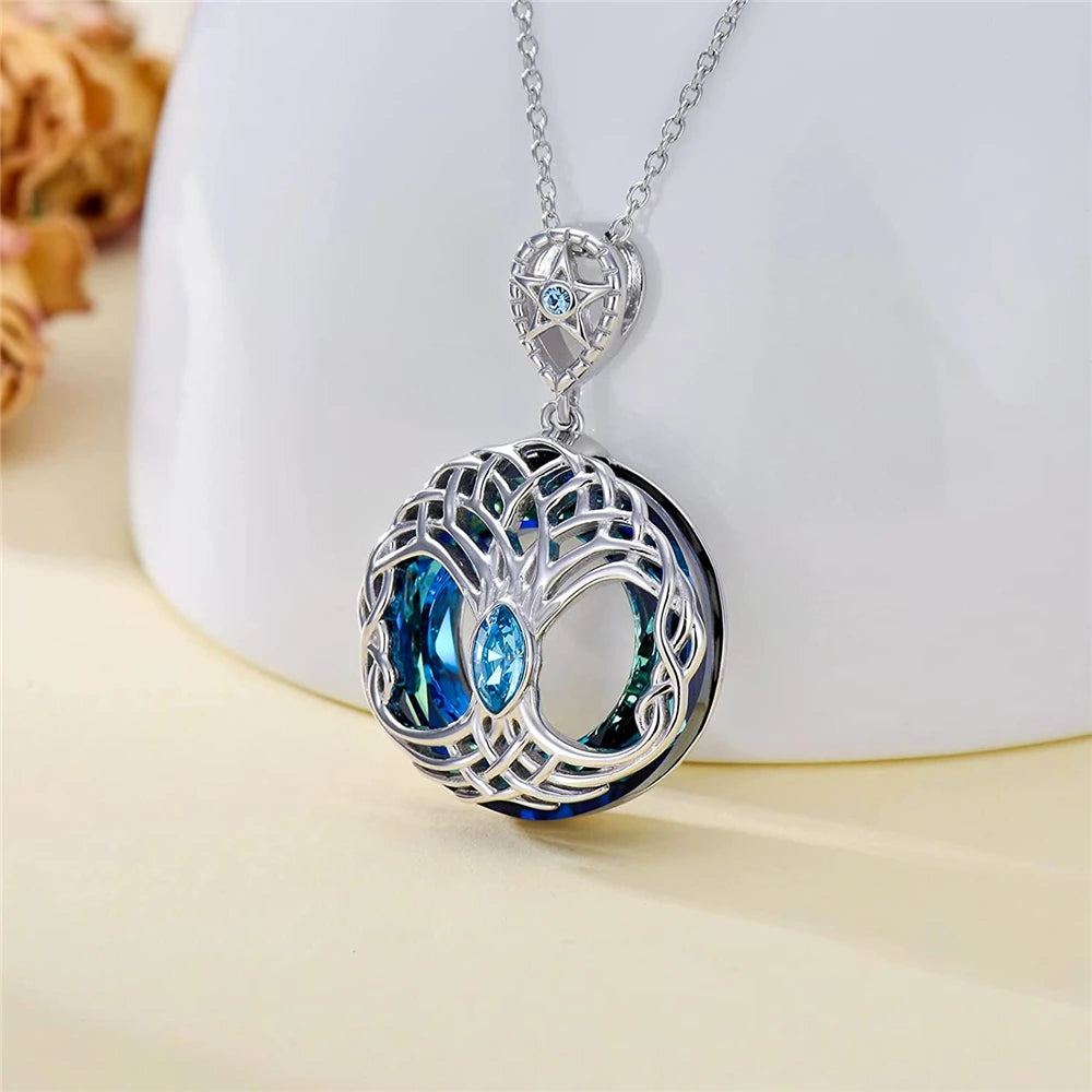 Women Luxury Sparkling Zircon Round Blue Crystal Tree of Life Pendant Necklace