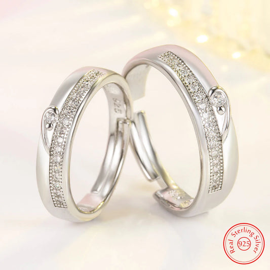 Unisex 925 Sterling Silver Splicing Heart Couple Crystal Zircon Bridal Wedding Ring