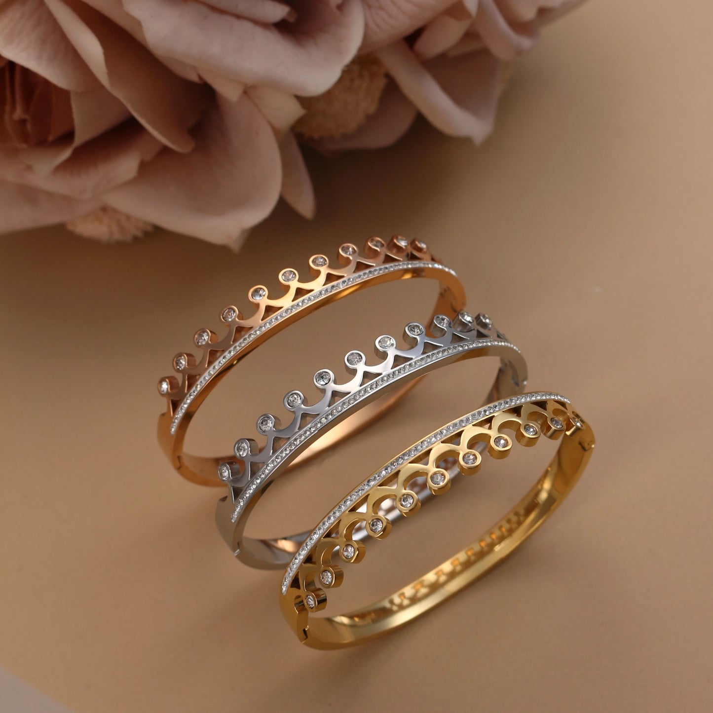 Delicate Crystal Crown LOVE Stainless Steel Gold Color Cutout Design Women's Charm Bracelet