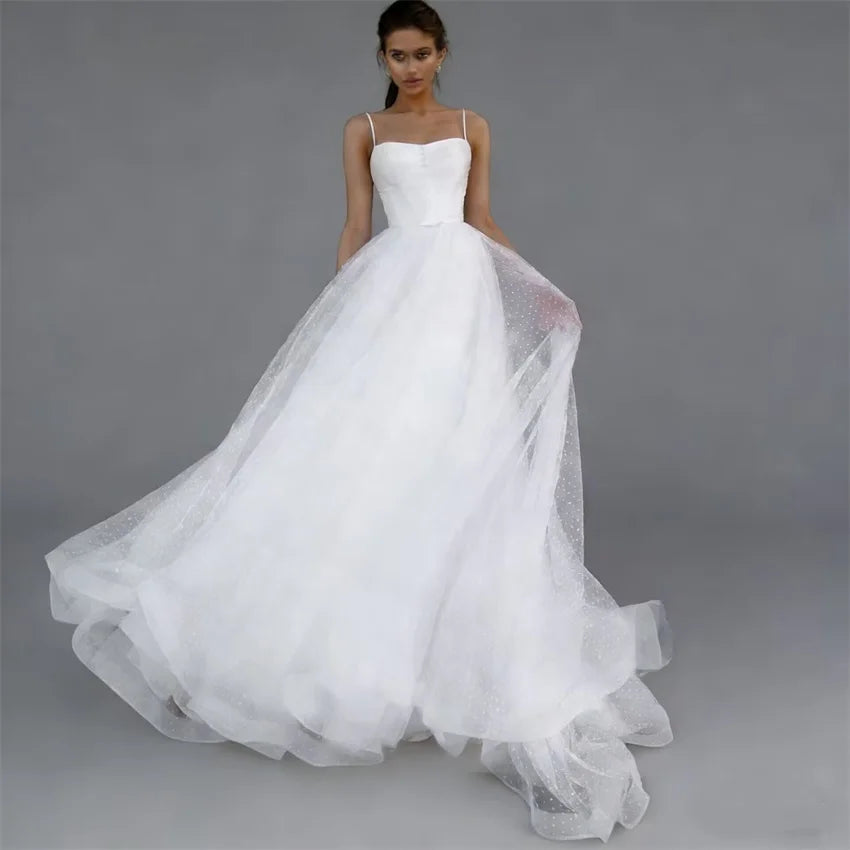 Simple Boho A-line Lace Tulle Spaghetti Strap Elegant Bride Long Bridal Wedding Dress