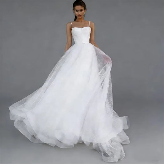 Simple Boho A-line Lace Tulle Spaghetti Strap Elegant Bride Long Bridal Wedding Dress