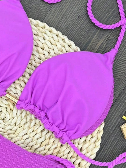 Women's Swimsuit Triangle Woven Tope Hanging Neck Two Pieces Bikini Swimwear Suit