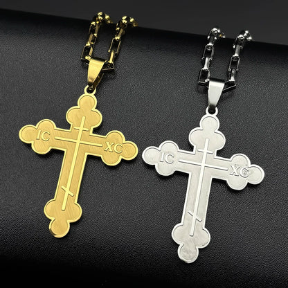 Men Women Stainless Steel Religious Gold Color Amulet Orthodox Jesus Cross Pendant Necklace