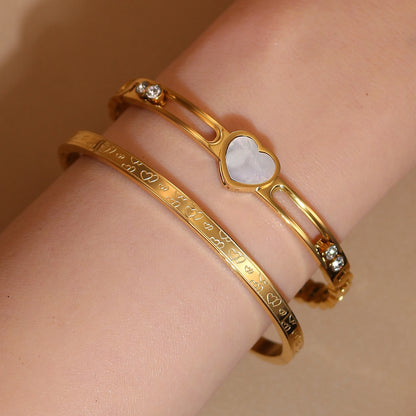 Luxury Heart-Shaped Shell Zircon Design 18K Gold-Plated Stainless Steel Bracelet Bangles