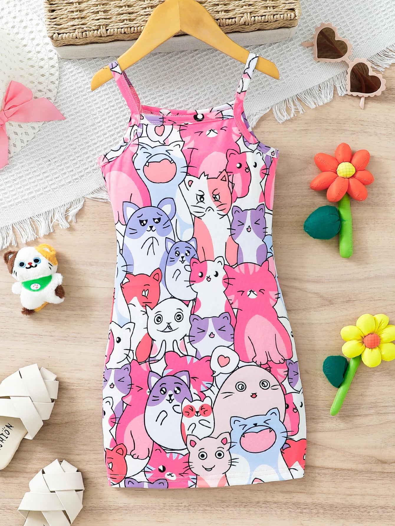 Cute Kids Girls Cartoon Cat Fashion Print Suspender Birthday Dress