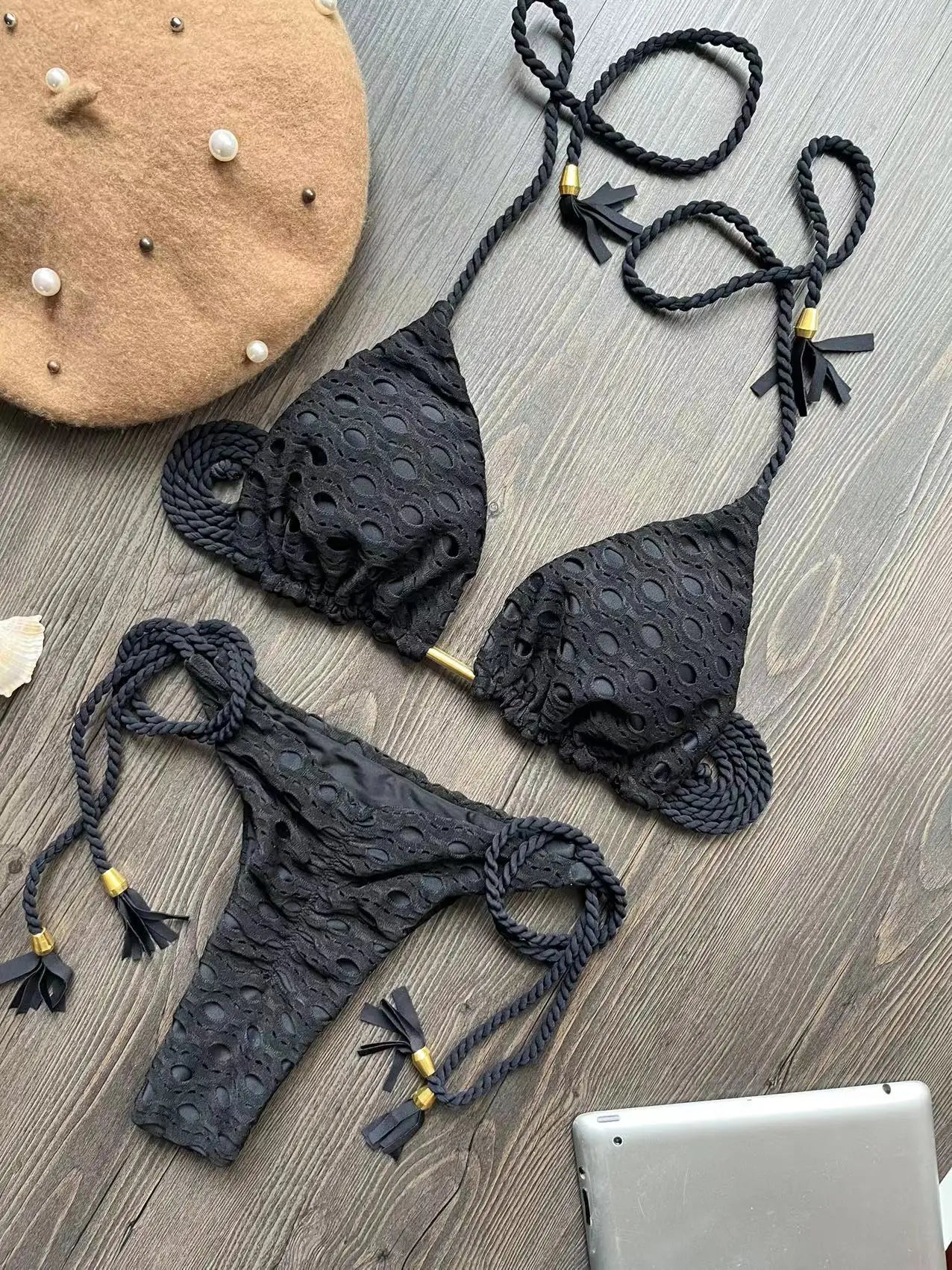 sexy women split swimsuit 2-piece beach swimsuit w/ braided straps bikini set