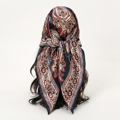 Women Fashion Silk Square Vintage Hijab Flower Prints Pashmina Bandana Scarves