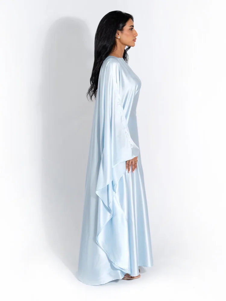 Women Satin Cloak Long Sleeve Loose Kaftan Fashion O Neck Long Dress