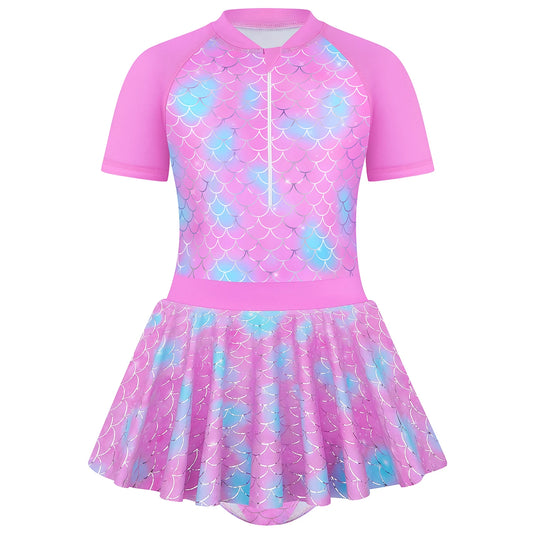 Kids Girls Short Sleeve Zipper Closure Scale Print Rose Red Skirted Bikini Briefs Swimwear