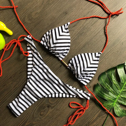 Striped Knotted Swimsuit Beach Sexy Thong Swimwear Bandage Brazilian Mirco Bikinis