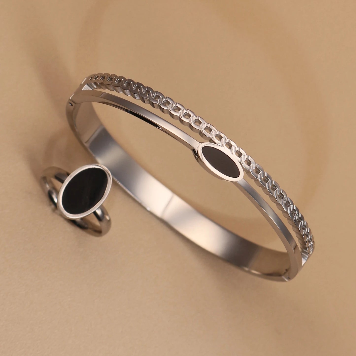 Luxury 2-In-1 Wedding Gold Black Acrylic Stainless Steel Ring Bangles Set