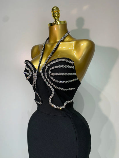 Sexy Halter Long Bandage Shiny Crystal Backless Evening Party Birthday Dress