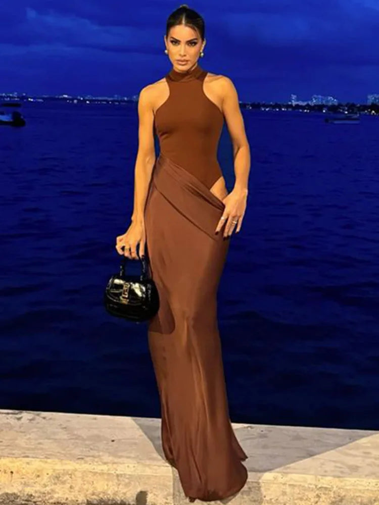 Women Backless Solid Color Party Club Evening Bodycon Sleeveless Long Dress