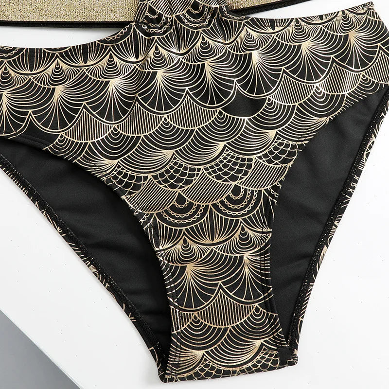 Women Metallic Stitch Push Up Bikini High Waist Swimwear Bathing Swimming Suit