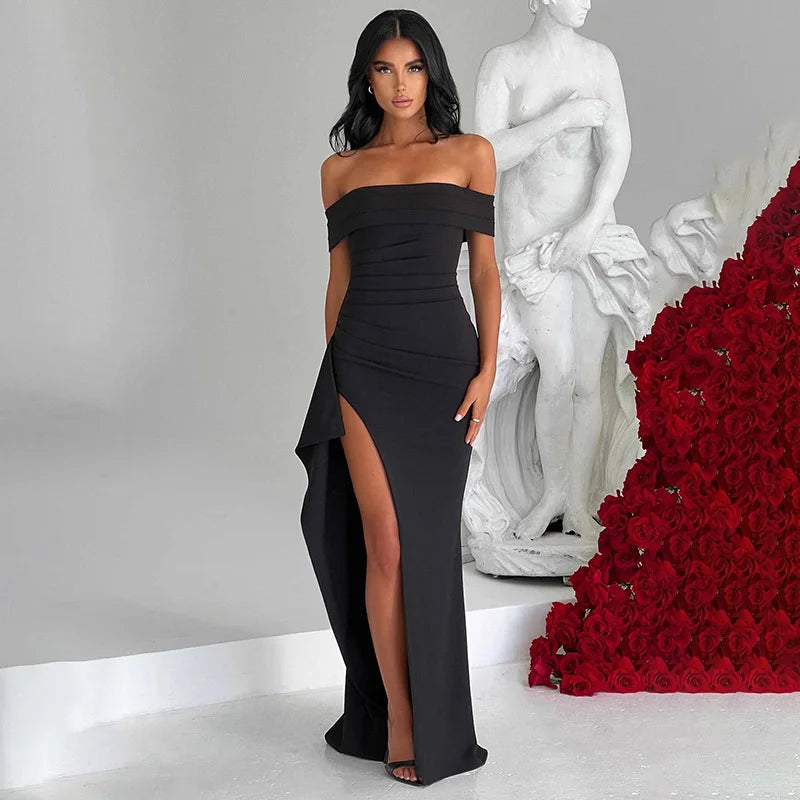 Women Off-shoulder Ruffled Thigh High Split Maxi Slash Neck Backless Bodycon Party Evening Dress