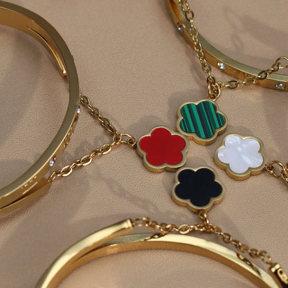 Roman Numeral Crystal Flower Shaped Pendant Stainless Steel Bracelet Bangles