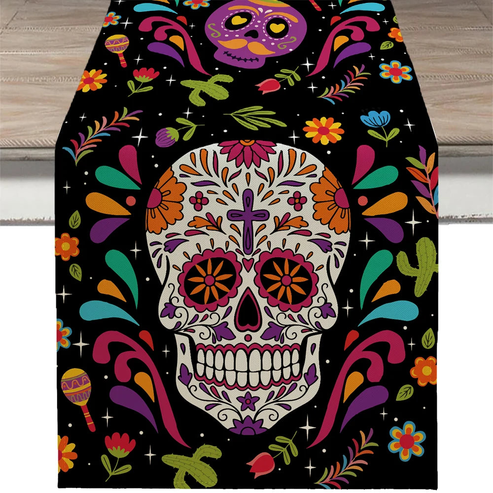 13x72 Inch Day of the Dead Mexican Carnival Skeleton Table Runner Style Decor