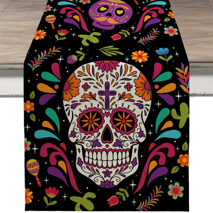 13x72 Inch Day of the Dead Mexican Carnival Skeleton Table Runner Style Decor