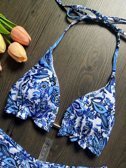 Women's Swimsuit Two-piece Sexy Blue white porcelain Print Bikini Swimwear Bathing Brazilian Suit