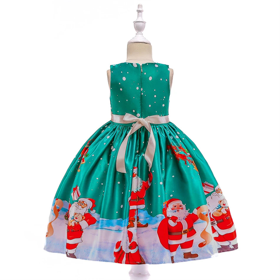 Kids Girls Princess Cartoon Santa Claus Snowflake Costume Xmas Party Print Dress