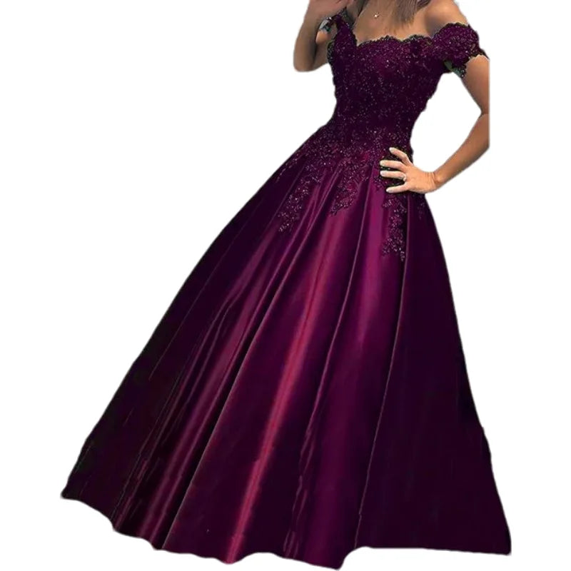 Women A-Line Long Off The Shoulder Satin Formal Gowns Sequin Lace Appliques Corset Prom Evening Dress w/ Pockets