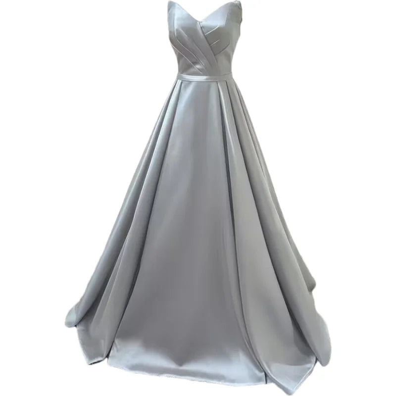 Women Strapless Simple Satin A Line Evening Party Formal Gown Corset Pleat Sweetheart Long Prom Dress w/Pocket