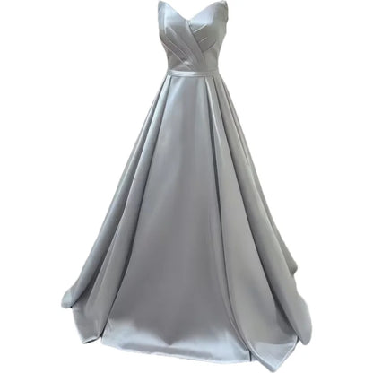 Women Strapless Simple Satin A Line Evening Party Formal Gown Corset Pleat Sweetheart Long Prom Dress w/Pocket