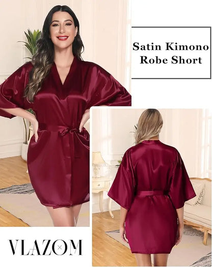 Women Nightgown Solid Color Kimono Bathrobe Satin Wedding Bridal Sleepwear
