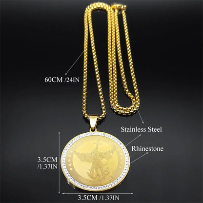 Women Men Stainless Steel Gold Color Knight Saint Michael Archangel Medallion Necklace