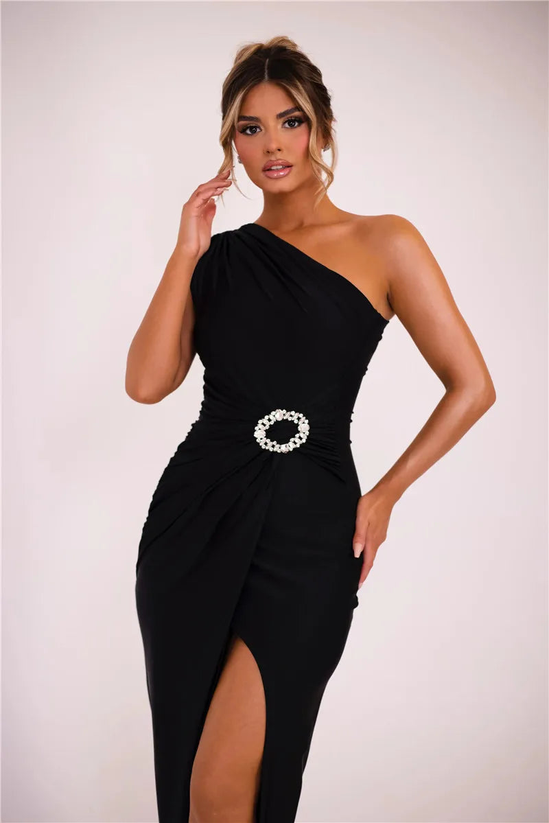 Women Shiny Brooch Inclined Shoulder Maxi Sleeveless Backless Elegant Split Long Dress