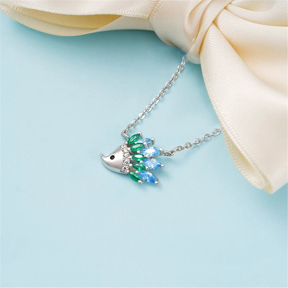 Women Elegant Fashion Design Blue Green Rhombus Crystal Hedgehog Pendant Necklace Gift