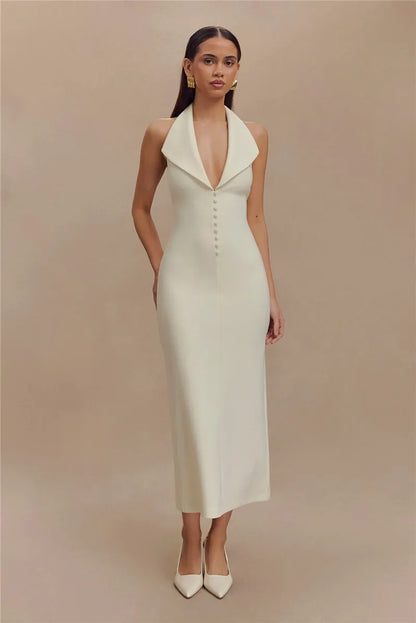 Halter Deep V Neck Sleeveless Sexy Maxi Backless Bodycon Tank Long Dress