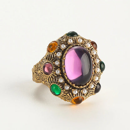 Women 18K Gold-Plated Vintage Baroque Oval Crystal Pearl Cluster Ring