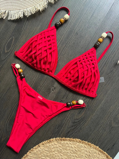 Sexy Women Pearls Strap Hole Out Push Up Bra Thong Swimsuit Brazilian Beach Bathing Micro Bikini Suit