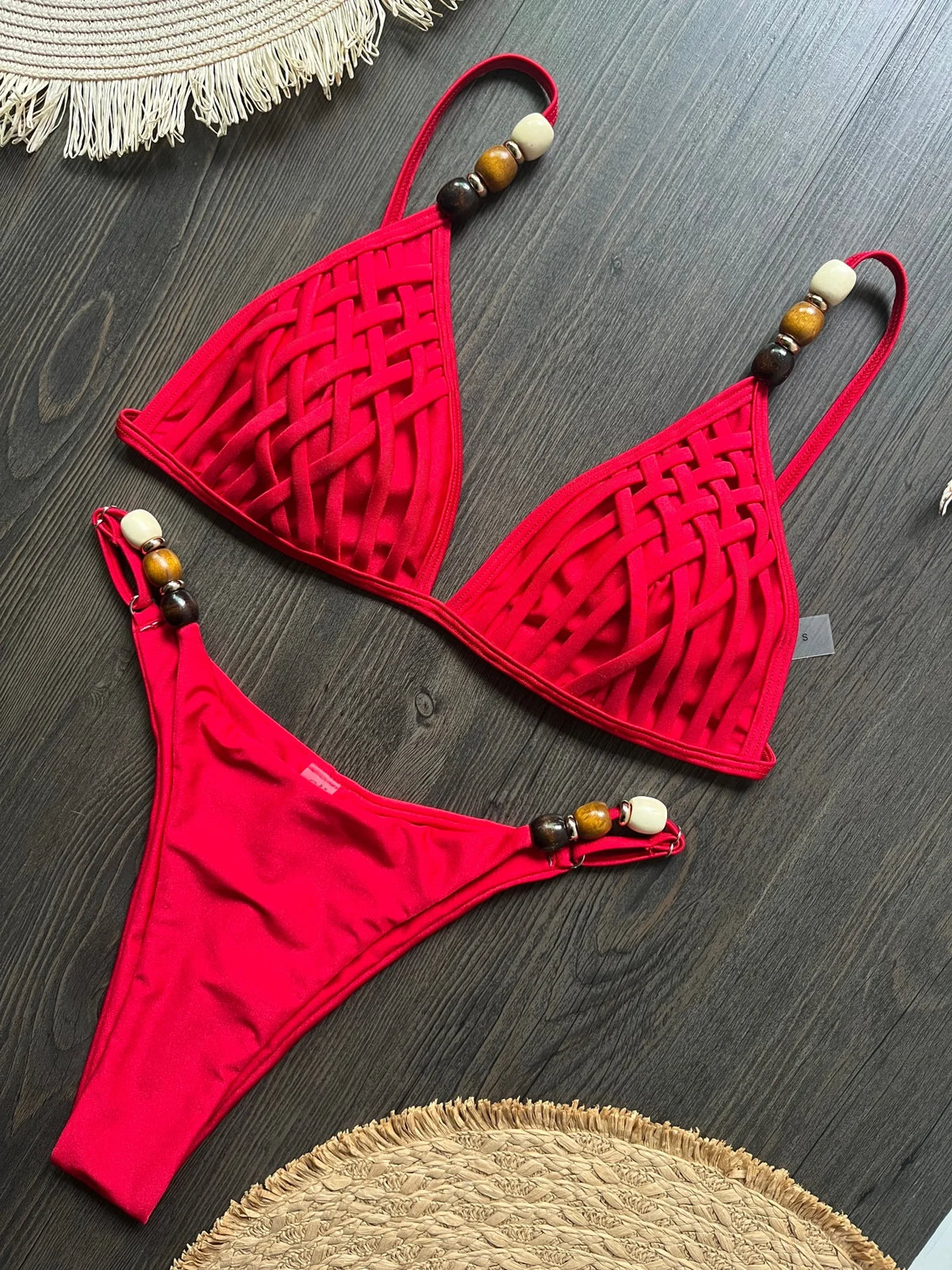Sexy Women Pearls Strap Hole Out Push Up Bra Thong Swimsuit Brazilian Beach Bathing Micro Bikini Suit