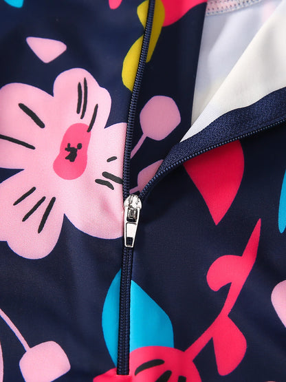 Kids Girl Floral Pattern Long Sleeve Zipper Back Ruffles Frill Cuff Jumpsuit Swimwear Beachwear Bathing Suits