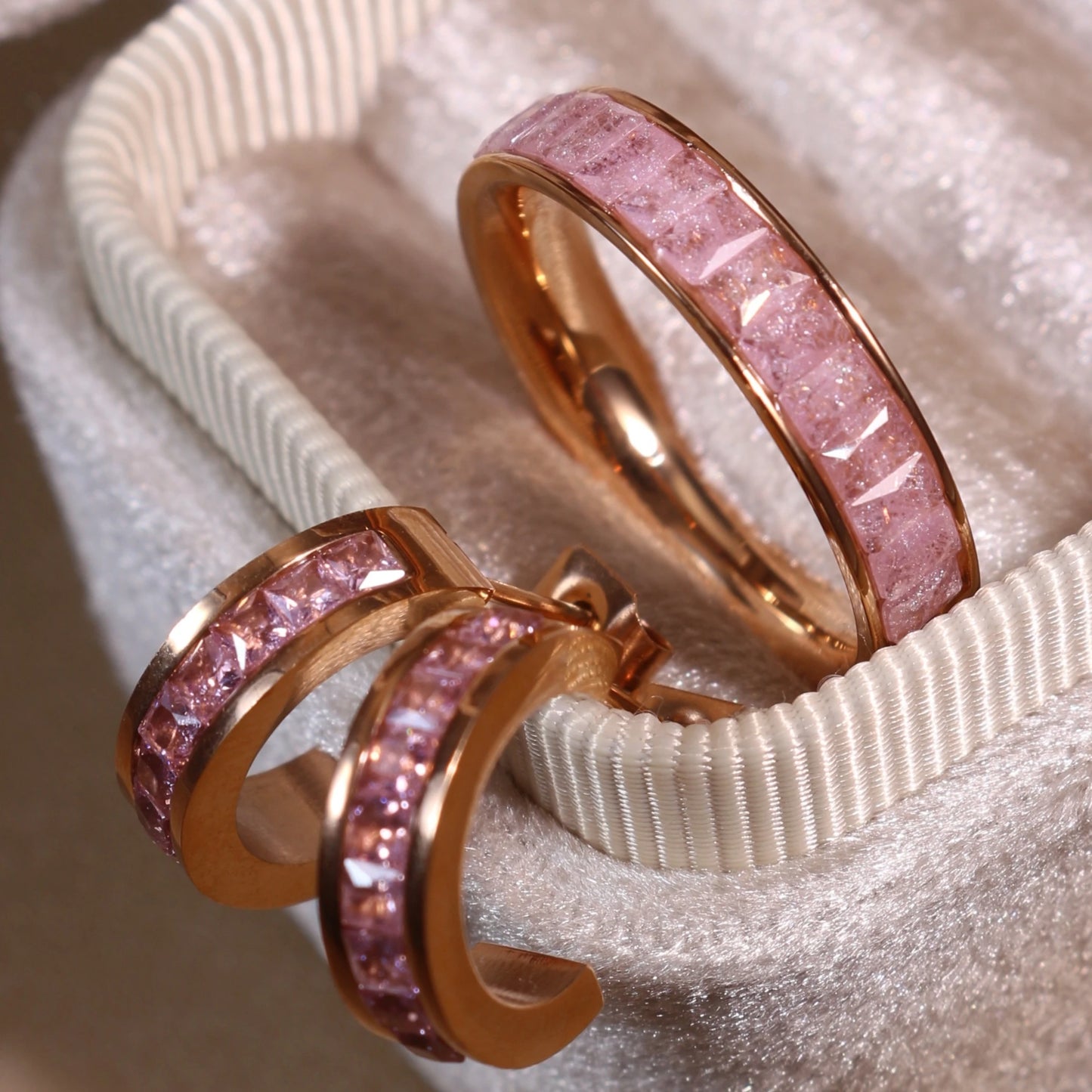 2-In-1 Women Rose Gold-Plated Stainless Steel Crystal Earrings Ring Jewelry Set