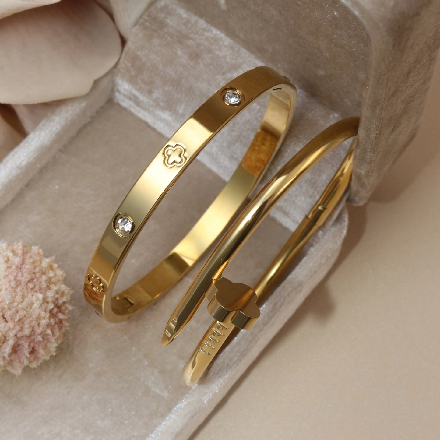 Women Heart Shaped Zircon Stainless Steel Gold Color 2-in-1 Bangles Bracelet Jewelry